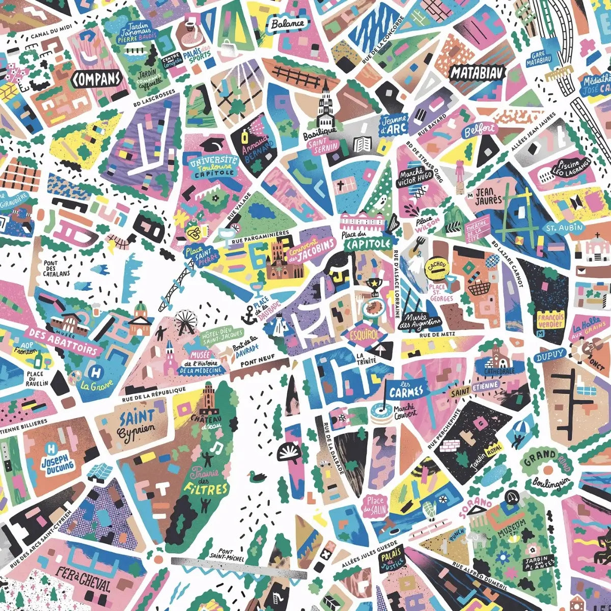 Zoom sur la carte illustrée de Toulouse réalisée par Antoine Corbineau