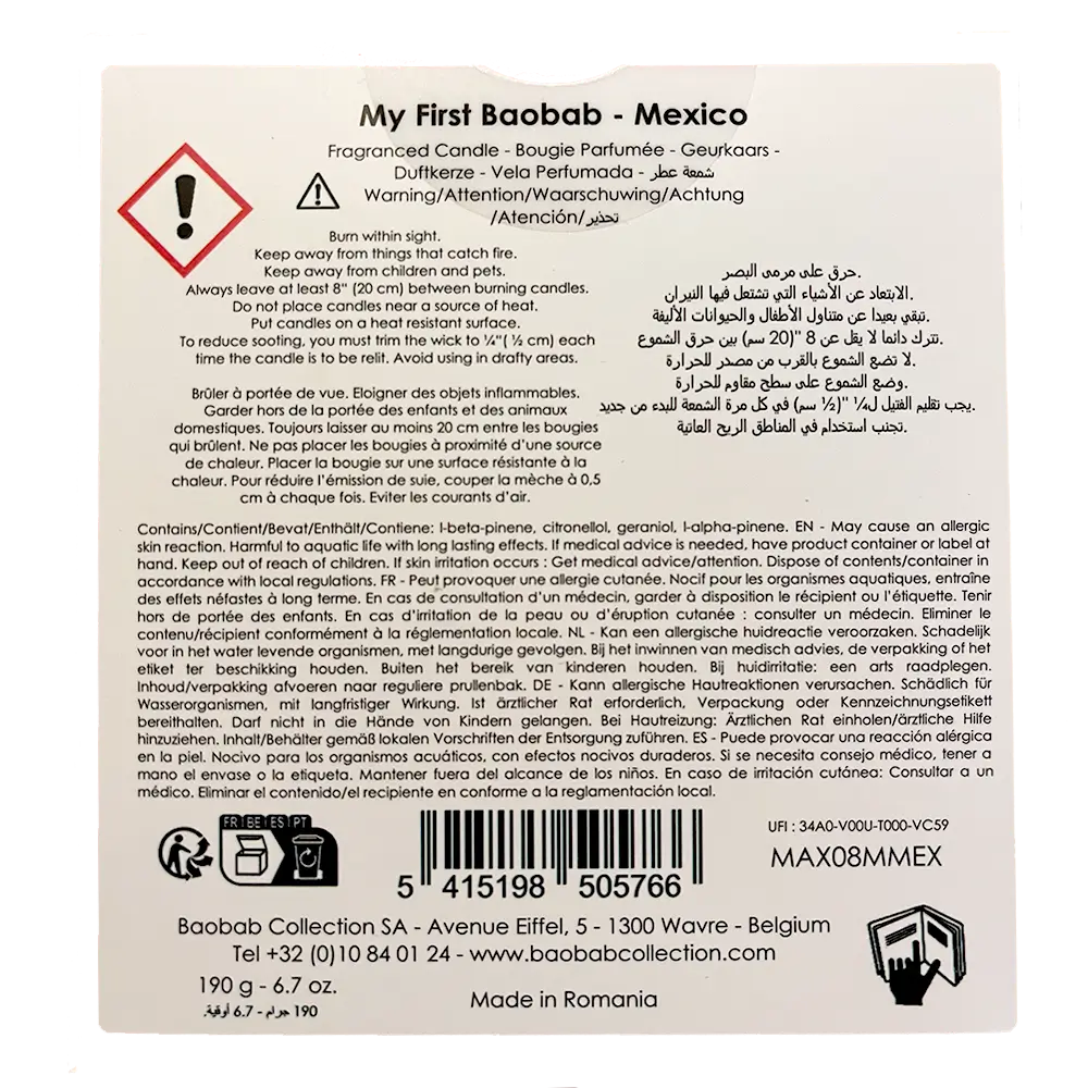 Etiquette de la bougie Mexico de Baobab Collection résumant les conseils de sécurité et les allergènes