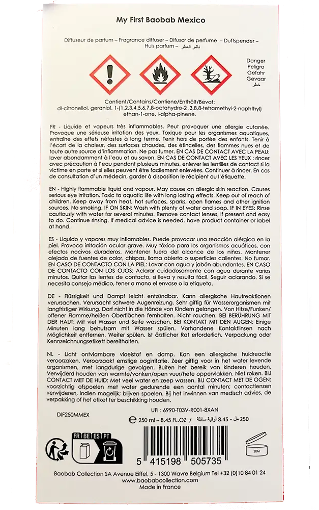 Etiquette du diffuseur Mexico de Baobab Collection résumant les conseils de sécurité et les allergènes
