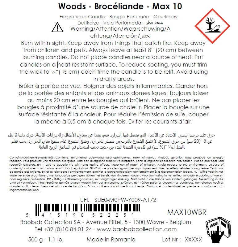 Etiquette de la bougie Brocéliande de Baobab Collection résumant les conseils de sécurité et les allergènes