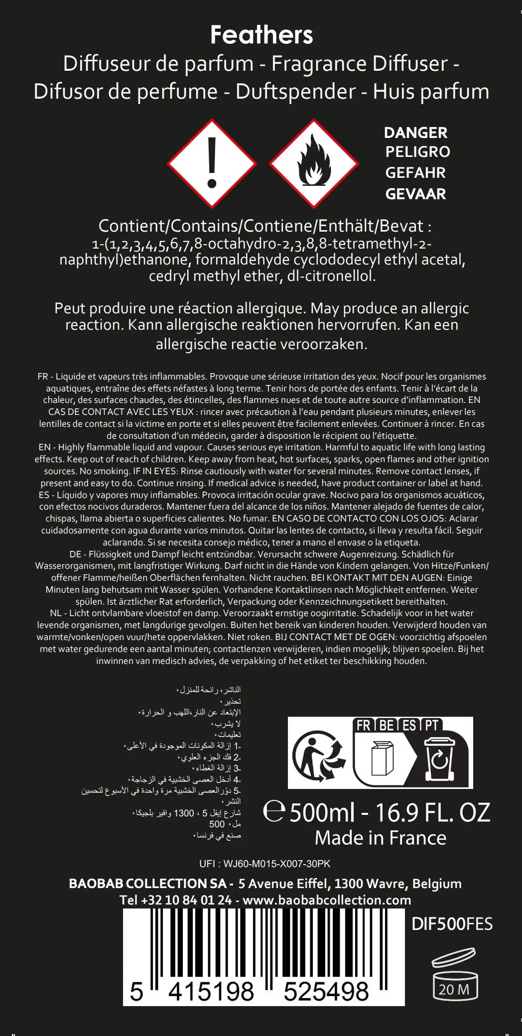Etiquette du diffuseur Feathers de Baobab Collection résumant les conseils de sécurité et les allergènes