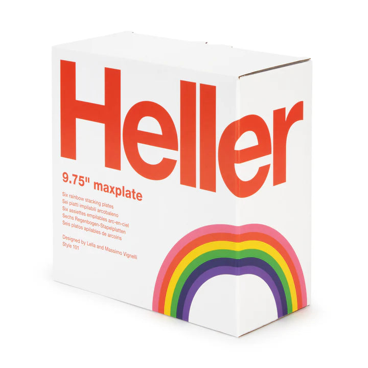 Vaisselle Max Rainbow de Heller - set de 6 assiettes d25 empilables aux couleurs de l'arc en ciel - Design Leila et Massimo Vignelli 1964 - Packaging