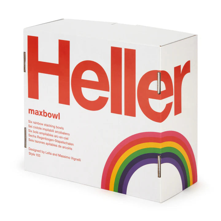 Vaisselle Max Rainbow de Heller - set de 6 bols empilables aux couleurs de l'arc en ciel - Design Leila et Massimo Vignelli 1964 - Packaging