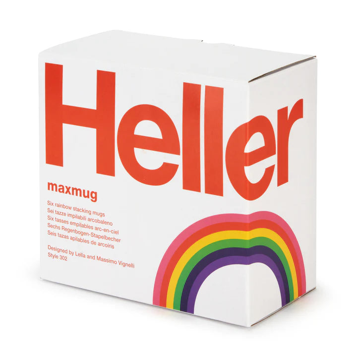 Vaisselle Max Rainbow de Heller - set de 6 mug empilables aux couleurs de l'arc en ciel - Design Leila et Massimo Vignelli 1964 - Packaging