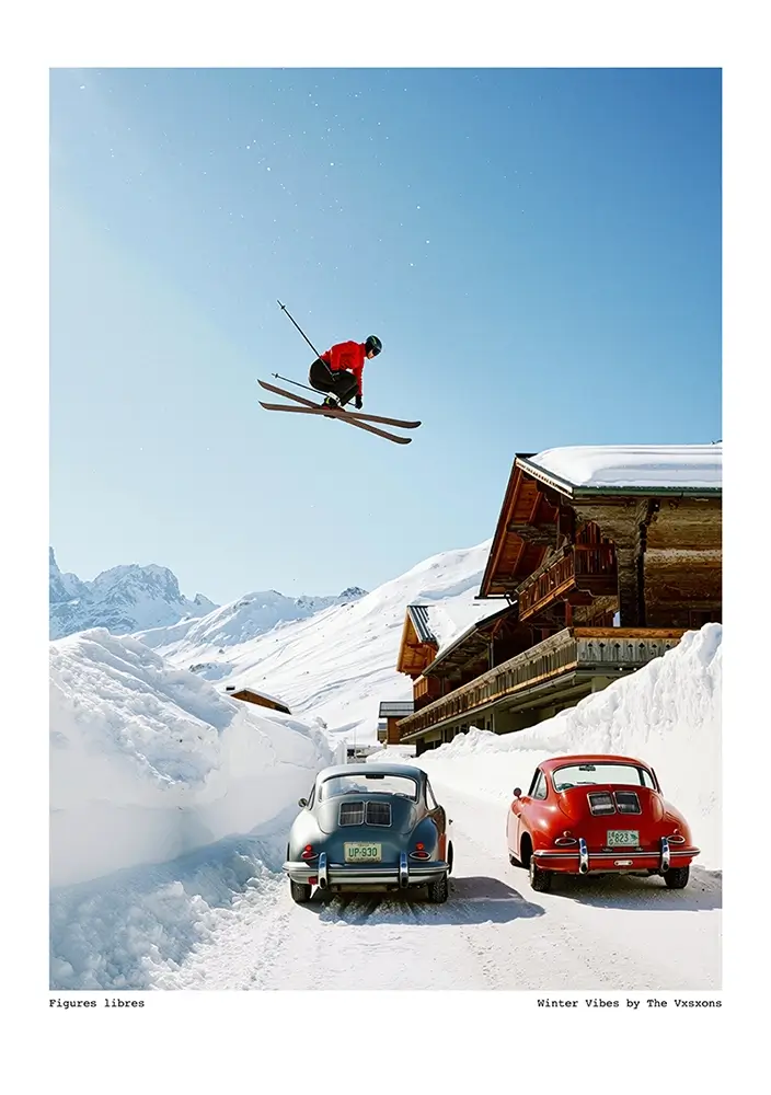 Affiche"Figures Libres - Winter Vibes" par the Visions : un skieur sautant par dessus deux voitures