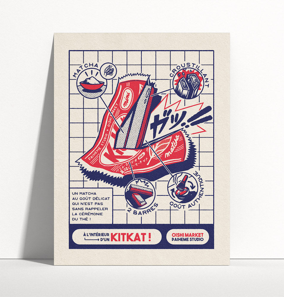 Kitto Kato - Illustration bleu et rouge 30x40 cm -Paiheme Studio