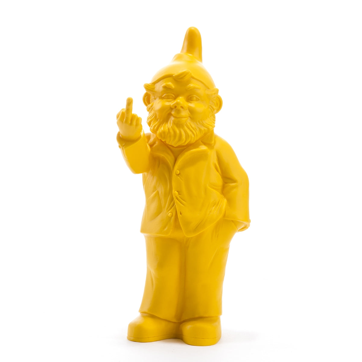 Sponti jaune d’Ottmar Hörl, nain de jardin doigt d’honneur