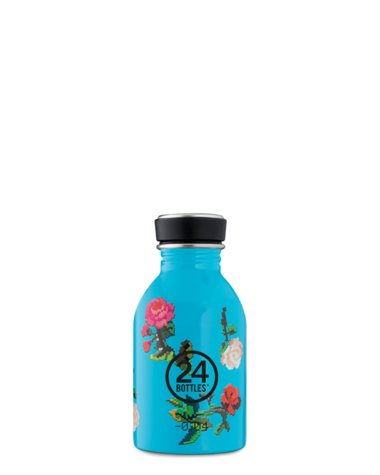 Rosabyte Urban Bottle - gourde 250ml en acier inoxydable - motifs de roses en pixels sur fond bleu - 24Bottles