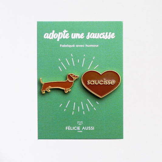 Duo de Pin's Saucisse en email, fabriqué en France par Félicie Aussi