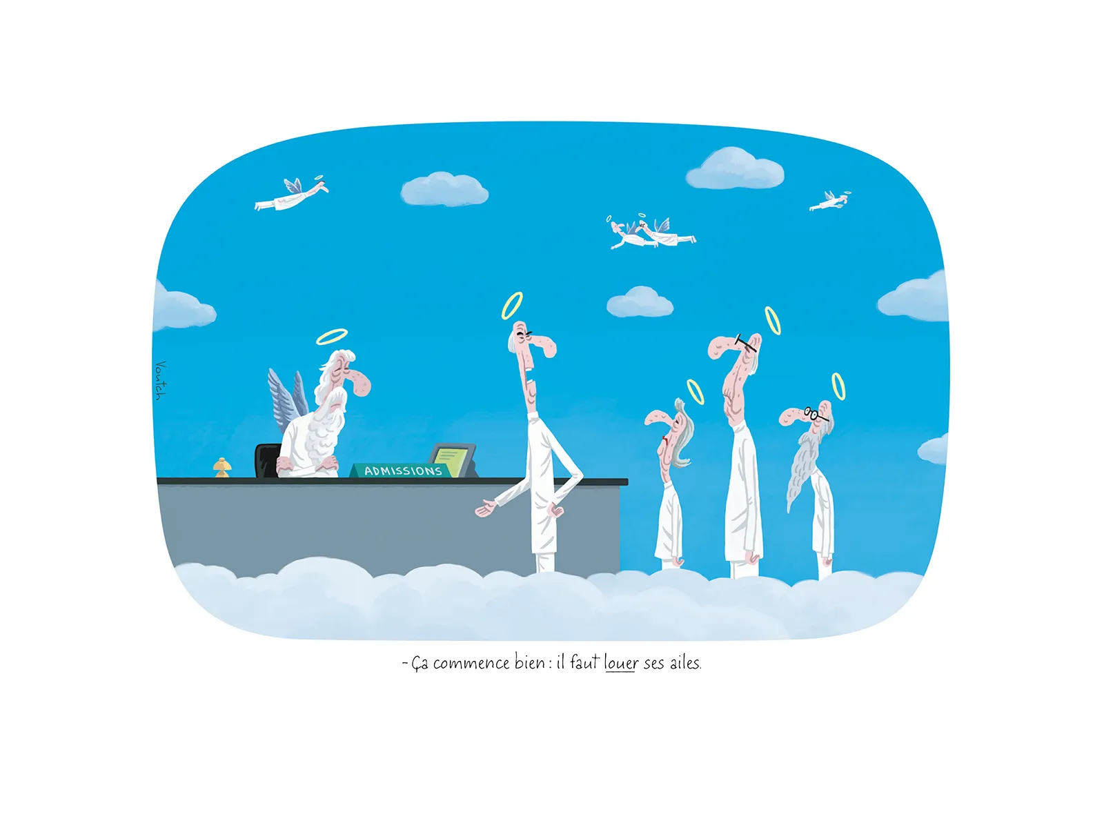Affiche Voutch Ailes - Dessin de Voutch 30x40 édité par Image Republic. Au paradis, un ange fraîchement arrivé dut “Ça commence bien : il faut louer ses ailes.”
