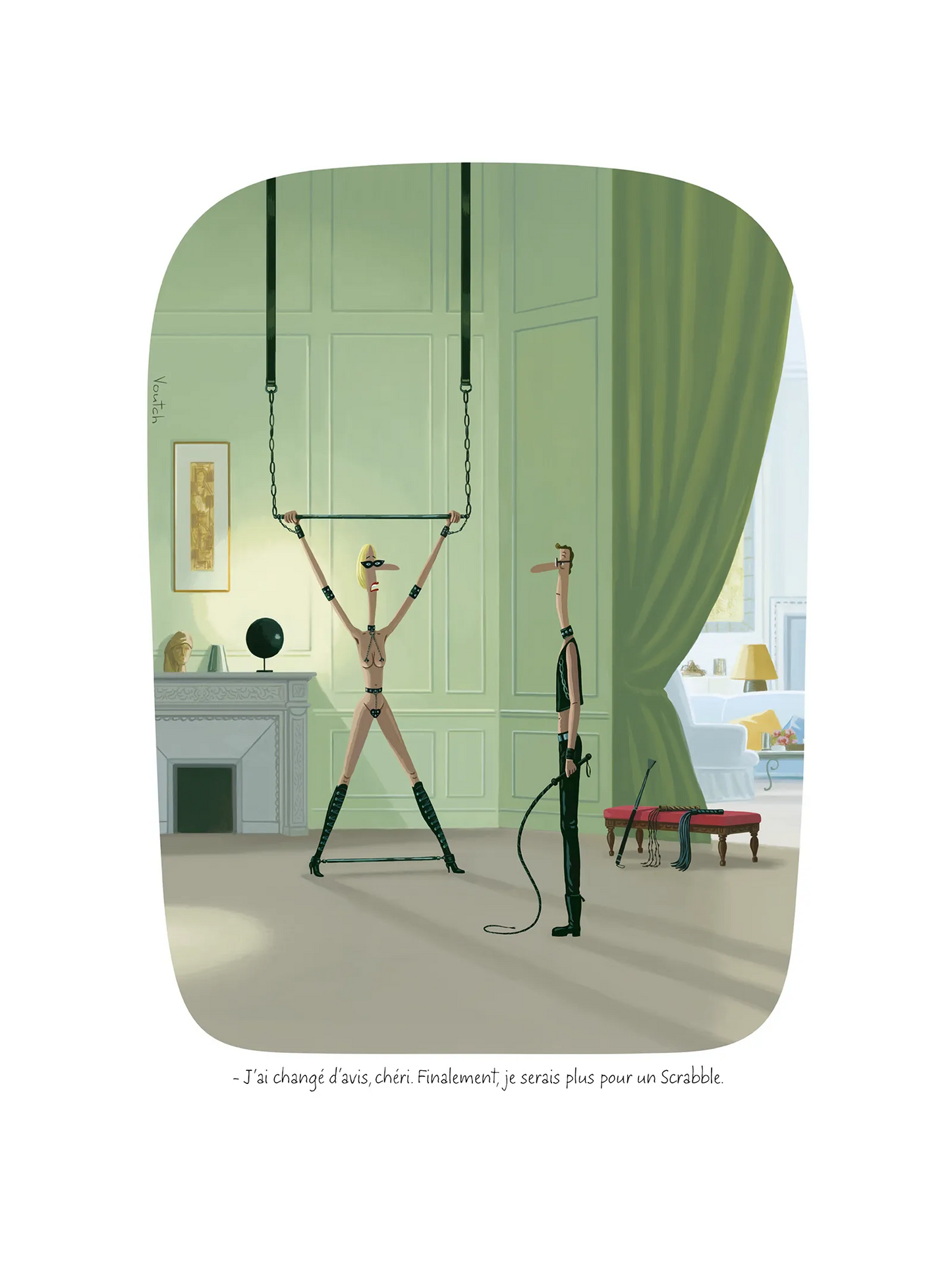 Affiche Voutch Chéri - Dessin de Voutch 30x40 édité par Image Republic. “J’ai changé d’avis, chéri. Finalement, je serais plus pour un Scrabble.”