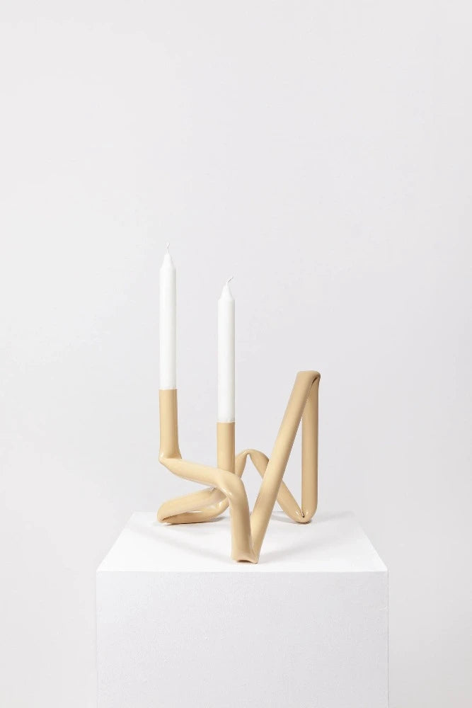 Chandelier Bucatini, studio aot - Bougeoir beige brillant pour 2 bougies