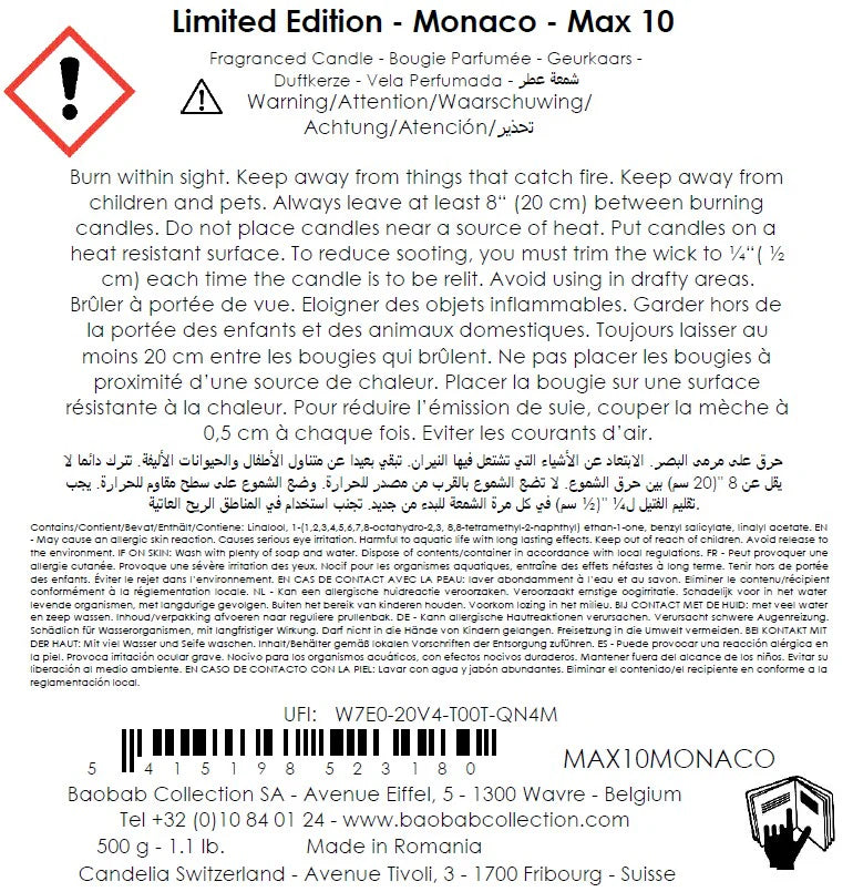 Etiquette de la bougie Monaco de Baobab Collection résumant les conseils de sécurité et les allergènes