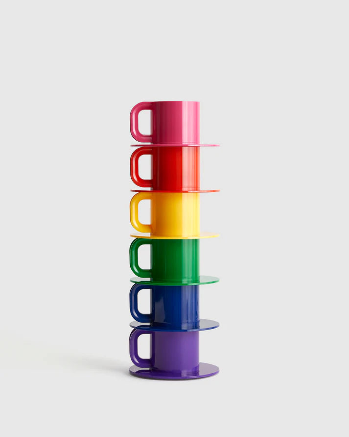 Vaisselle Max Rainbow de Heller - set de 6 tasses et sous-tasses empilables aux couleurs de l'arc en ciel - Design Leila et Massimo Vignelli 1964