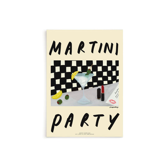 Affiche Martini Party Nephthys Illustrated - verre de Martini sur damier noir et blanc