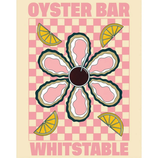 Oyster Bar Naphthys Illustrated - Affiche huitres roses sur damier rose et beige