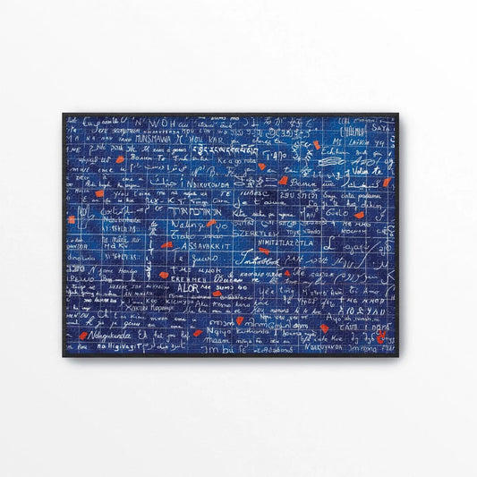 puzzle Je t'aime Piece and love - 1000 pièces - reprenant le mur des Je t'aime à Paris, son fond bleu, ses je t'aime et ses éclats rouges.