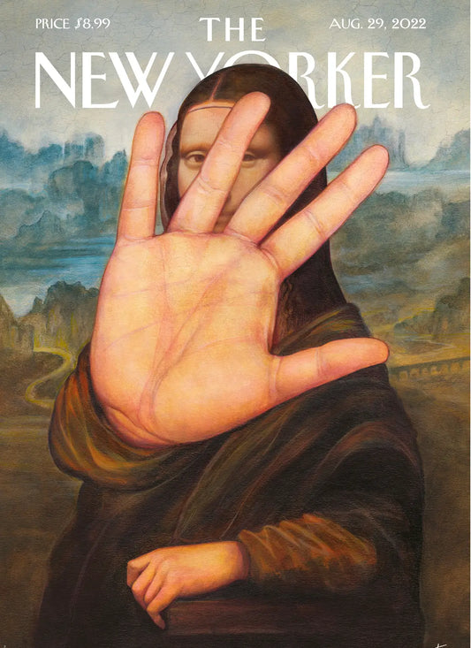 "No photos please" La Joconde levant la main pour ne pas être prise en photo