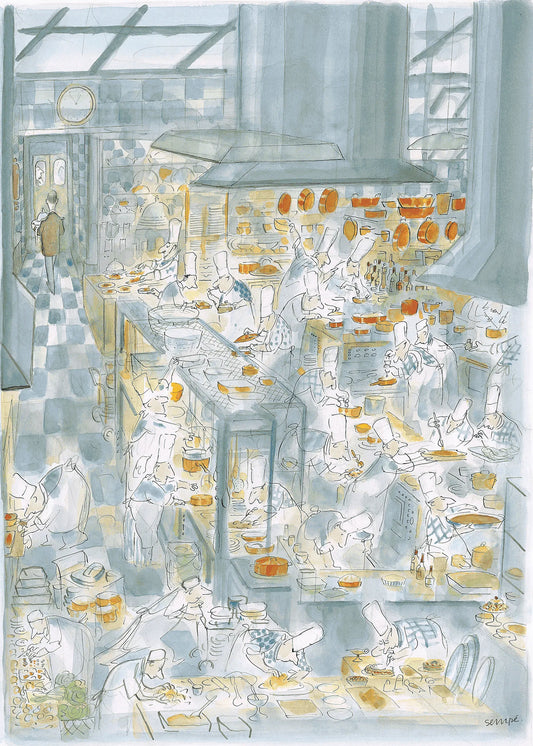 Affiche 30x40cm : Restaurant. Dessin de Sempé avec  de nombreux cuisiniers affairés dans une une très grande cuisine de restaurant