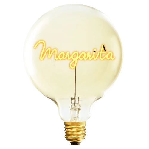 Ampoule Message in the bulb avec le mot Margarita écrit dans un style manuscrit qui s'illumine