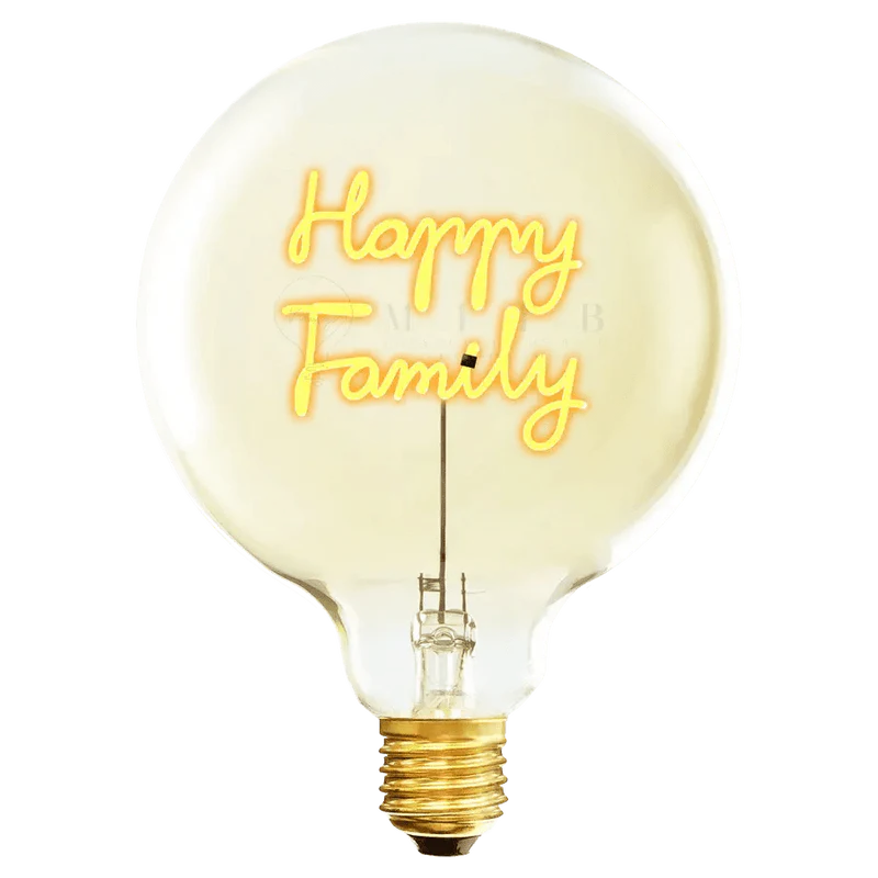 Ampoule Message in the Bulb verre ambré message en led lumineuse Happy Family écrit en attaché