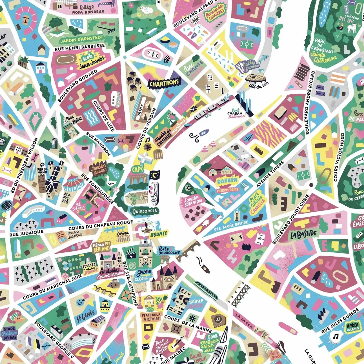 Zoom sur la carte illustrée de Bordeaux réalisée par Antoine Corbineau