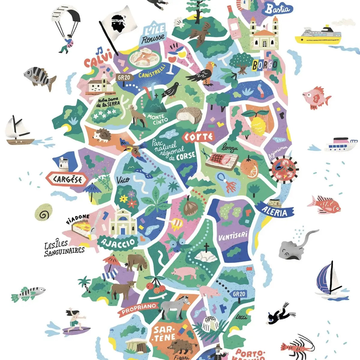 Zoom sur la carte illustrée de Corse réalisée par Antoine Corbineau