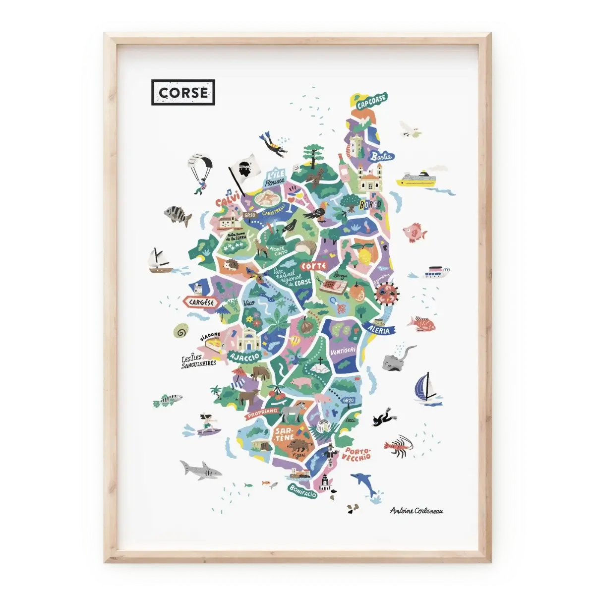 Affiche de la carte illustrée de Corse réalisée par Antoine Corbineau