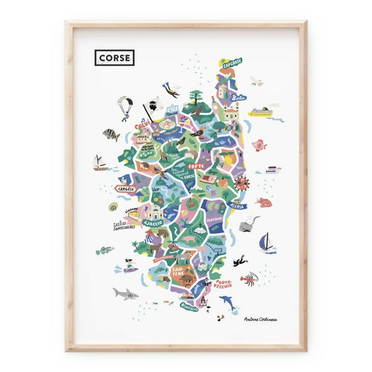 Affiche de la carte illustrée de Corse réalisée par Antoine Corbineau