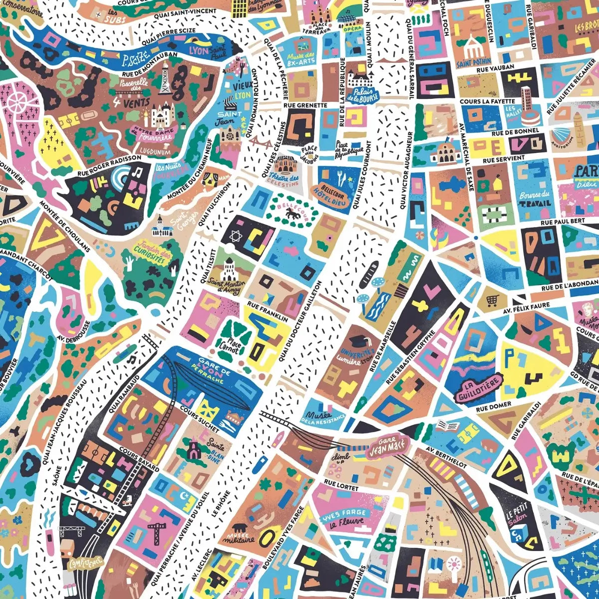Zoom sur la carte illustrée de Lyon réalisée par Antoine Corbineau