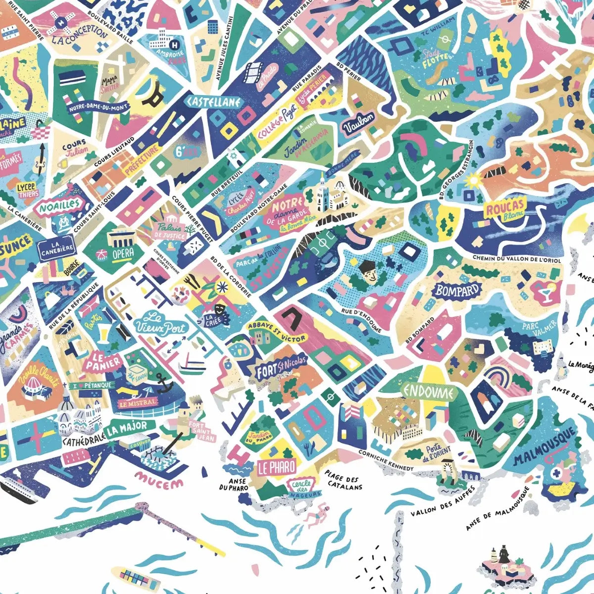 Zoom sur la carte illustrée de Marseille réalisée par Antoine Corbineau