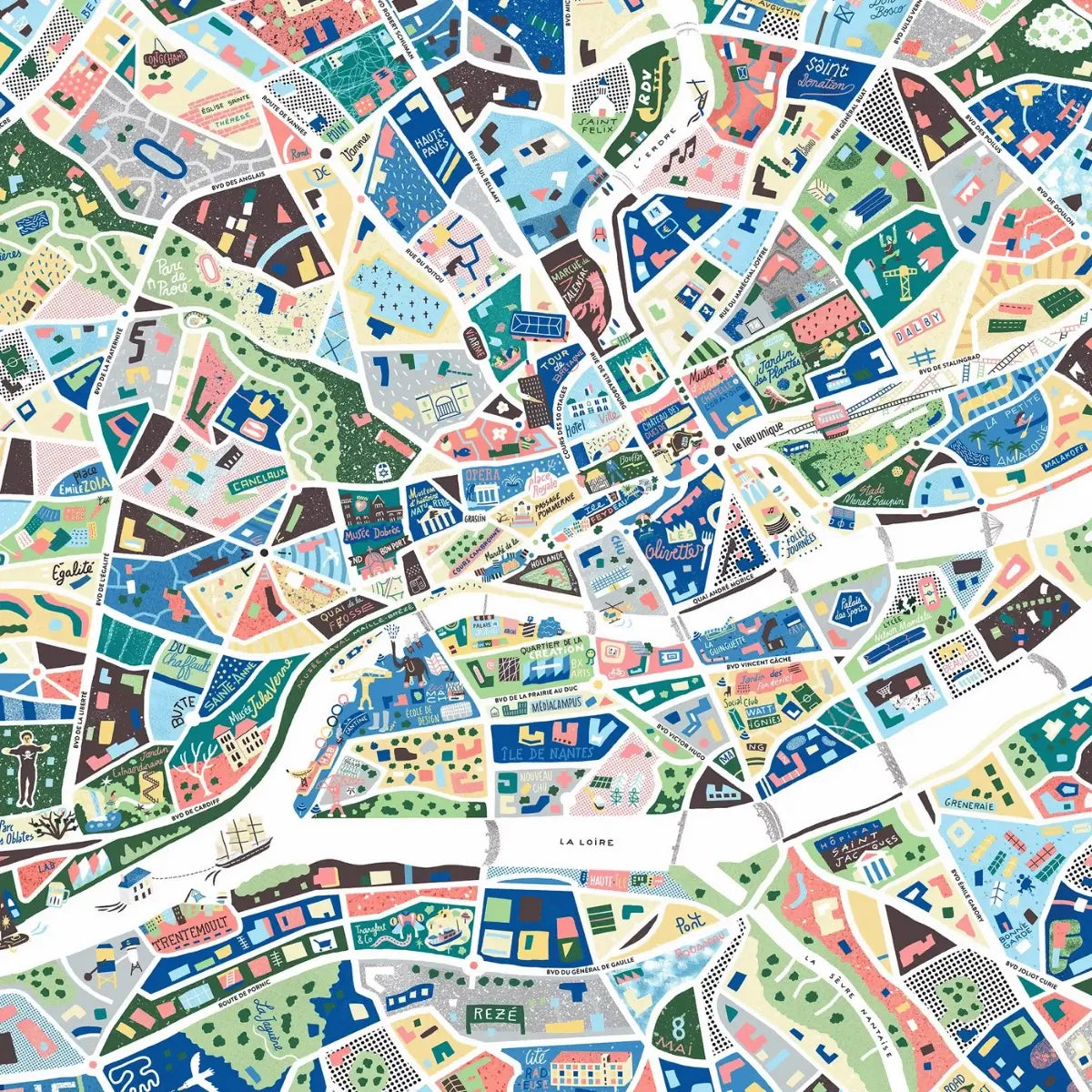 Zoom sur la carte illustrée de Nantes réalisée par Antoine Corbineau