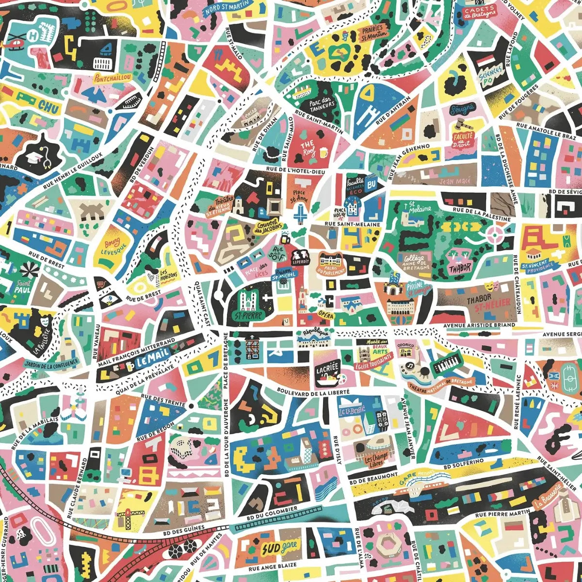 Zoom sur la carte illustrée de Rennes réalisée par Antoine Corbineau