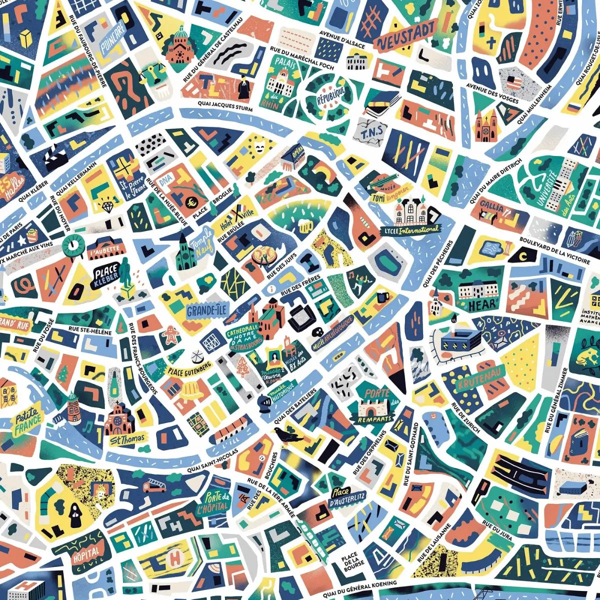 Zoom sur la carte illustrée de Strasbourg réalisée par Antoine Corbineau