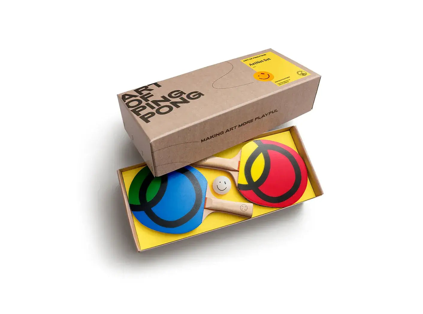 Coffret du set Infinite play avec deux raquettes de ping-pong et quatre balles Art of Ping Pong