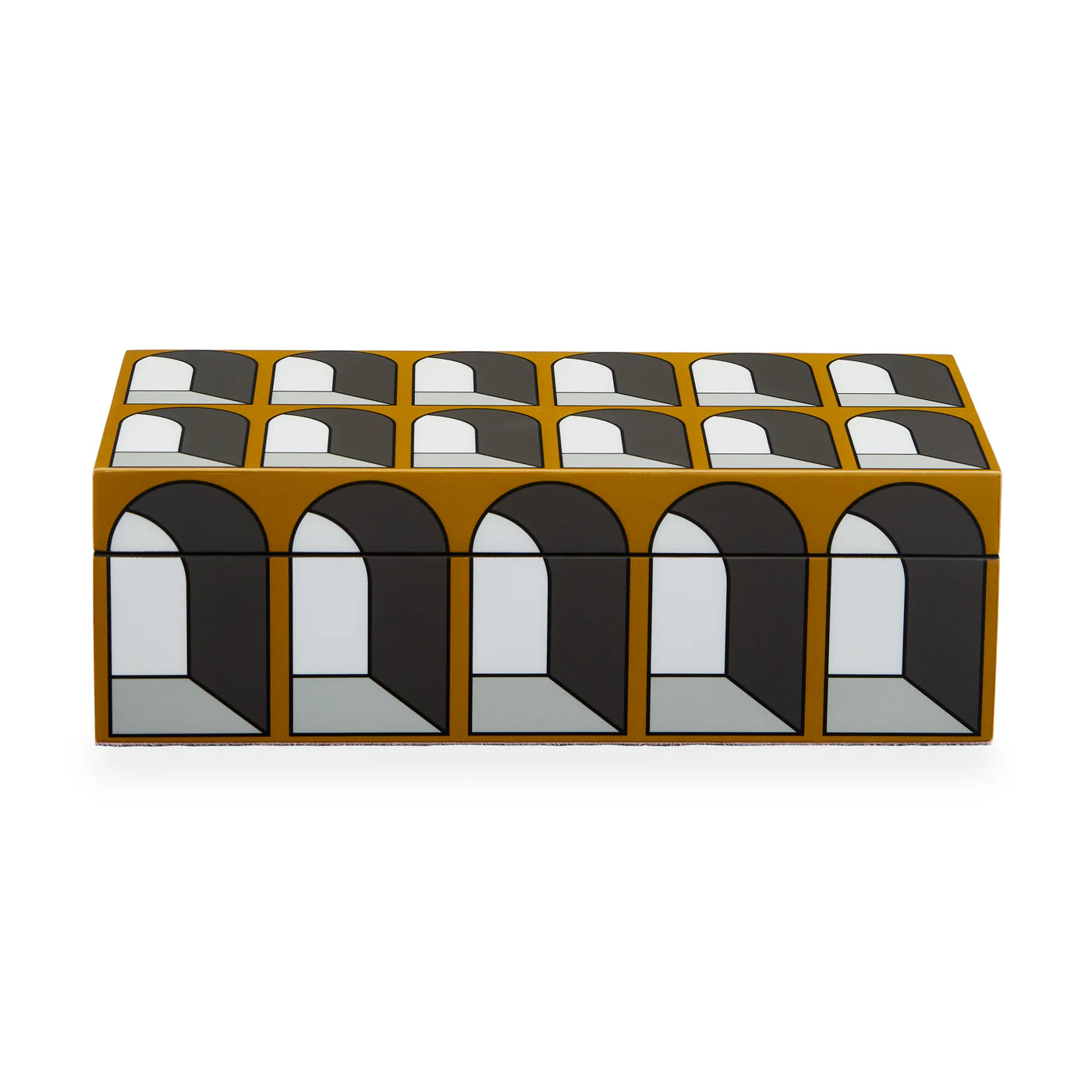 Boîte en bois laqué Arcade petit modèle de Jonathan Adler : motifs d'arcades Ocre avec effets de perspectives noir et gris
