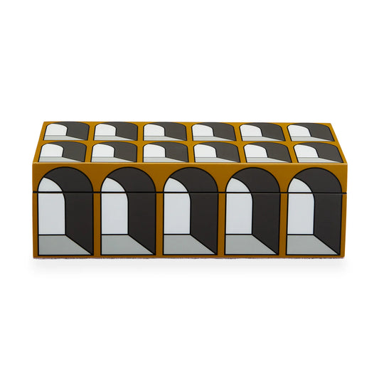 Boîte en bois laqué Arcade petit modèle de Jonathan Adler : motifs d'arcades Ocre avec effets de perspectives noir et gris