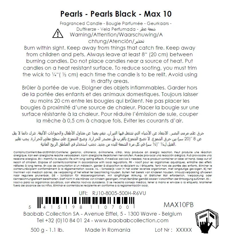 Allergènes et précautions d’emploi de la bougie Baobab Black Pearls