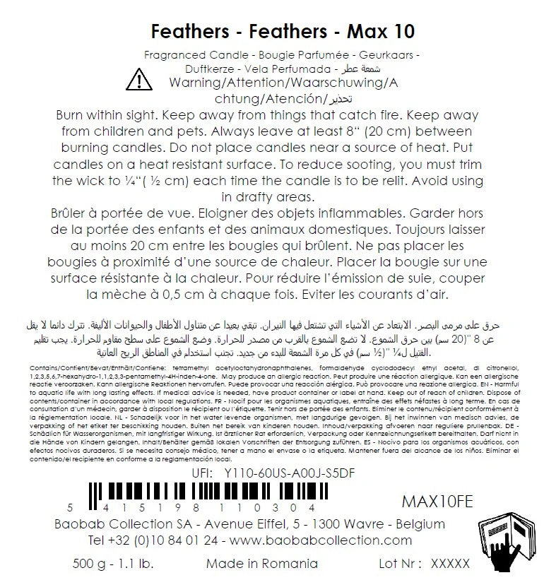 Allergènes et précautions d’emploi de la bougie Baobab Feathers