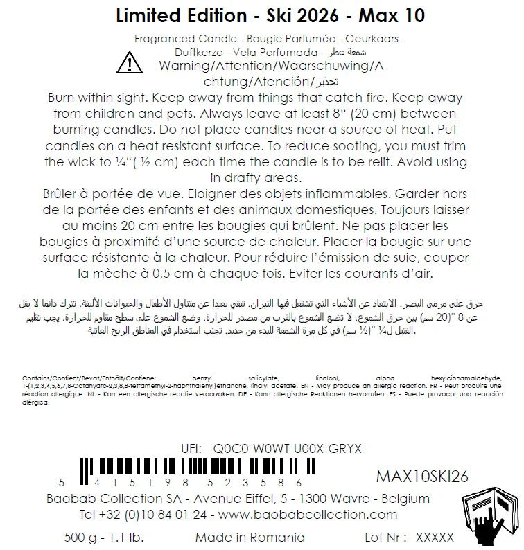 Etiquette de la bougie I Love Ski de Baobab Collection résumant les conseils de sécurité et les allergènes
