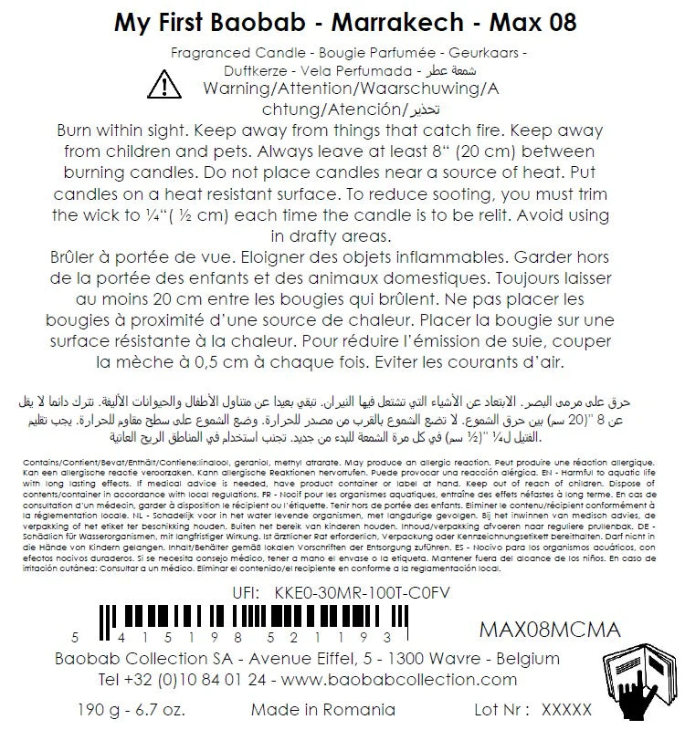 Etiquette de la bougie Marrakech de Baobab Collection résumant les conseils de sécurité et les allergènes