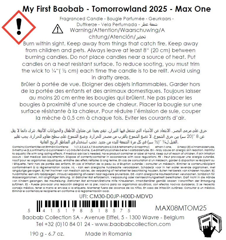 Etiquette de la bougie Tomorrowland de Baobab Collection résumant les conseils de sécurité et les allergènes