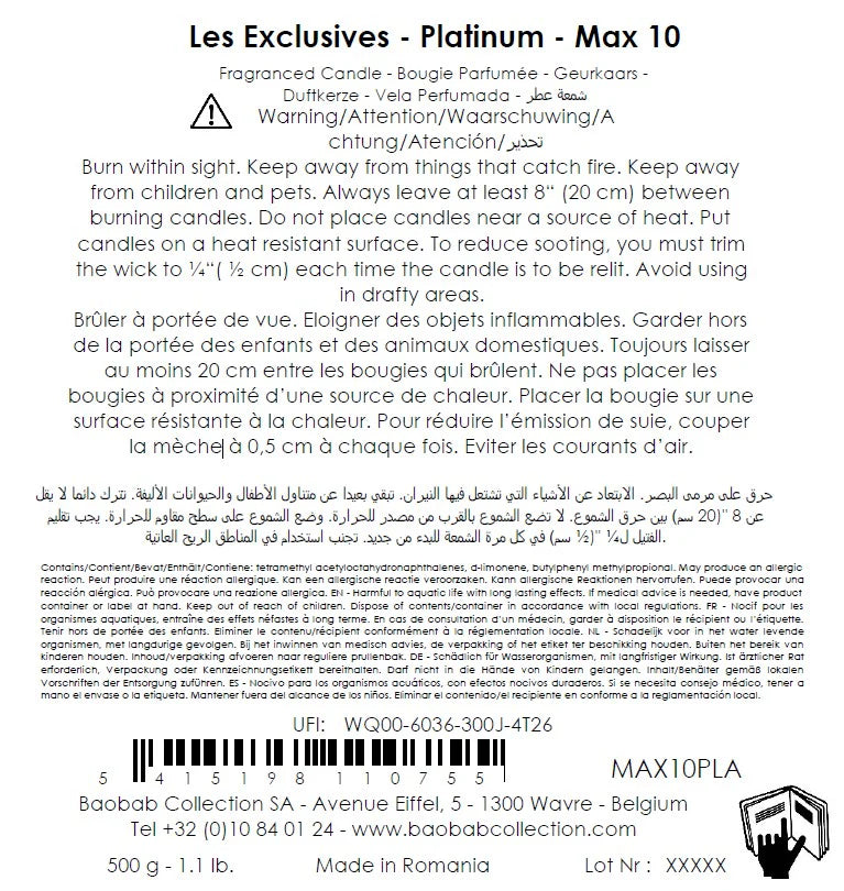 Allergènes et précautions d’emploi de la bougie Baobab Platinum