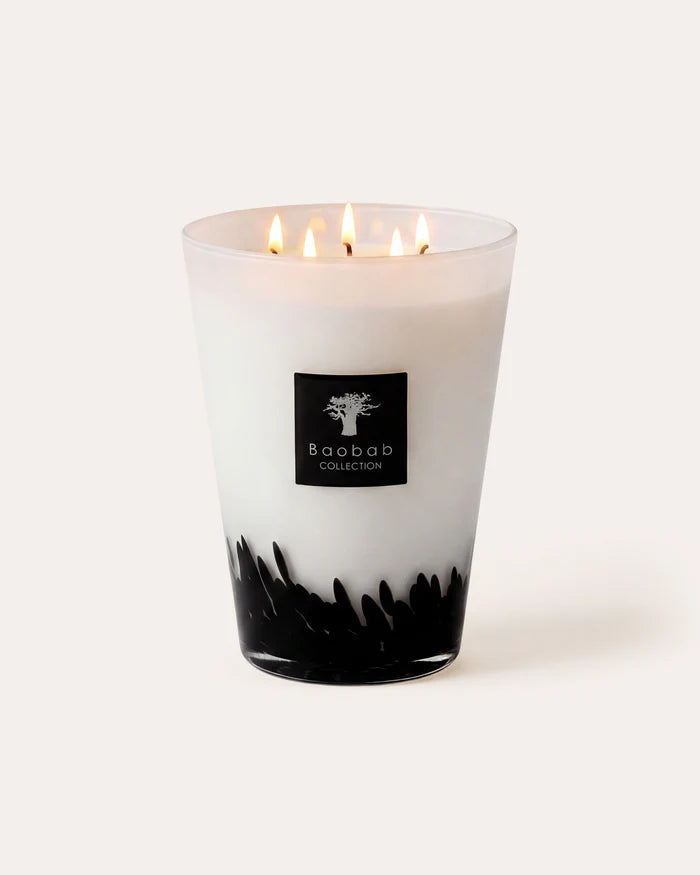 Bougie Feathers Baobab Collection Max 24 Grande en verre opalin et plumes noires