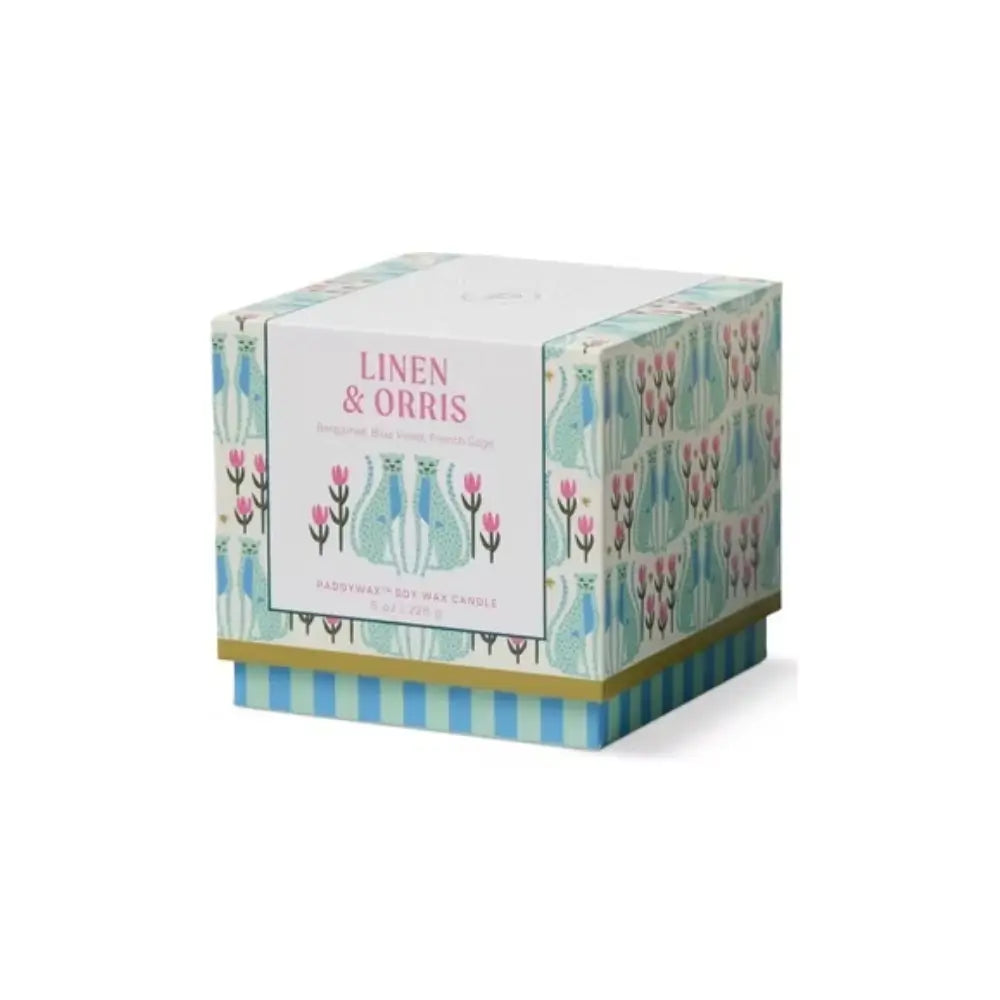 Bougie Paddywax A Dopo Lin & Iris et son coffret décoré de guépards bleus