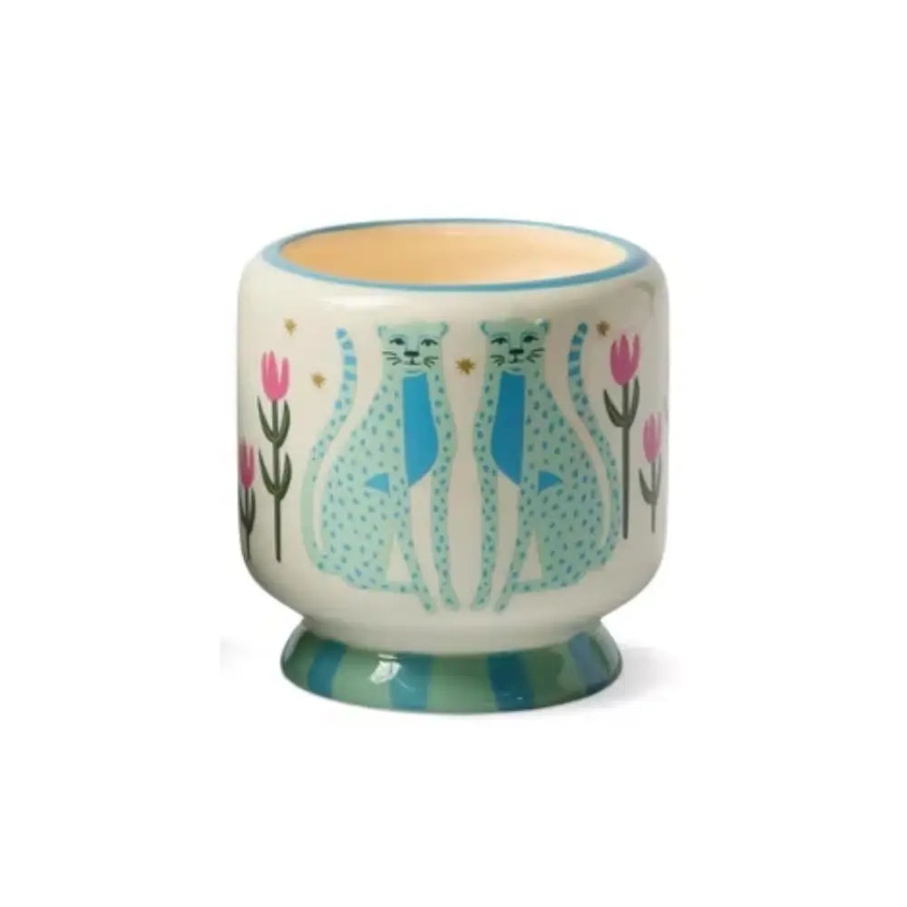 Bougie Paddywax A Dopo Lin & Iris en céramique peinte à la main, motif guépards bleus