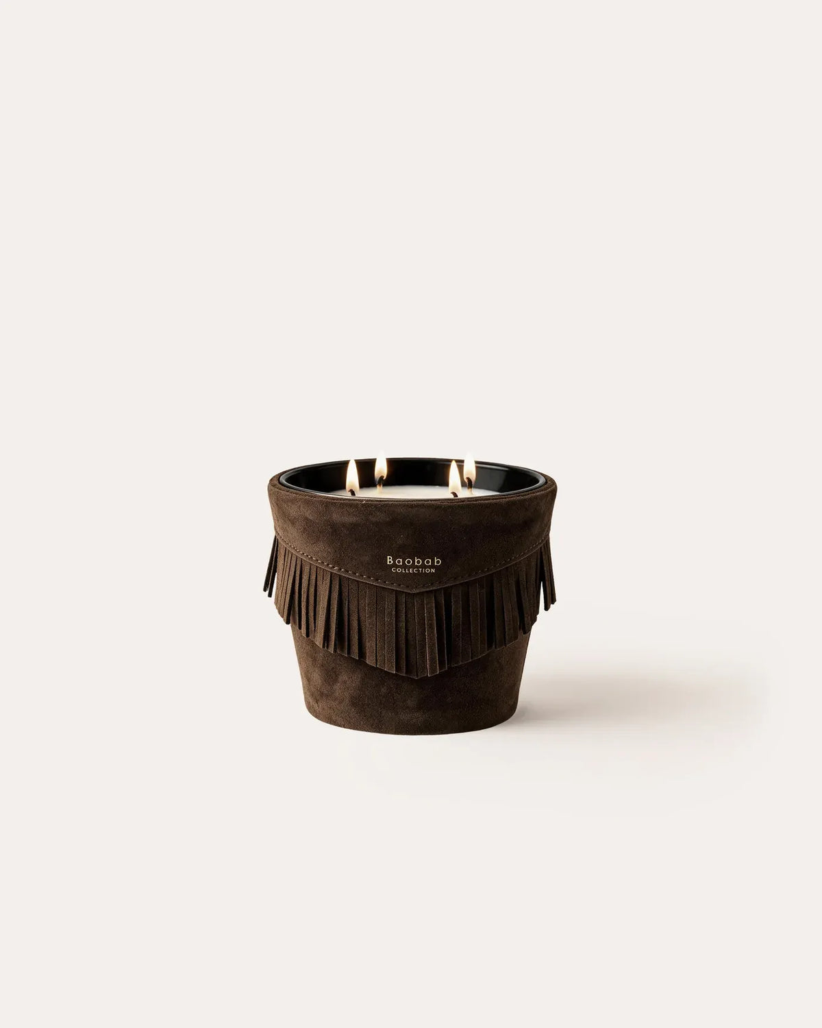 Bougie parfumée Deadwood en cuir brun tabac à franges, format Classique MAX 10, Baobab Collection