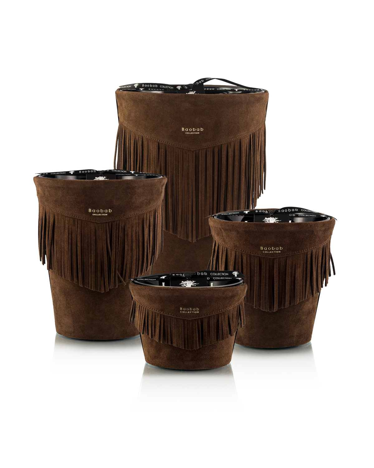 Bougies Deadwood Baobab Collection en cuir brun tabac à franges, présentation de plusieurs formats