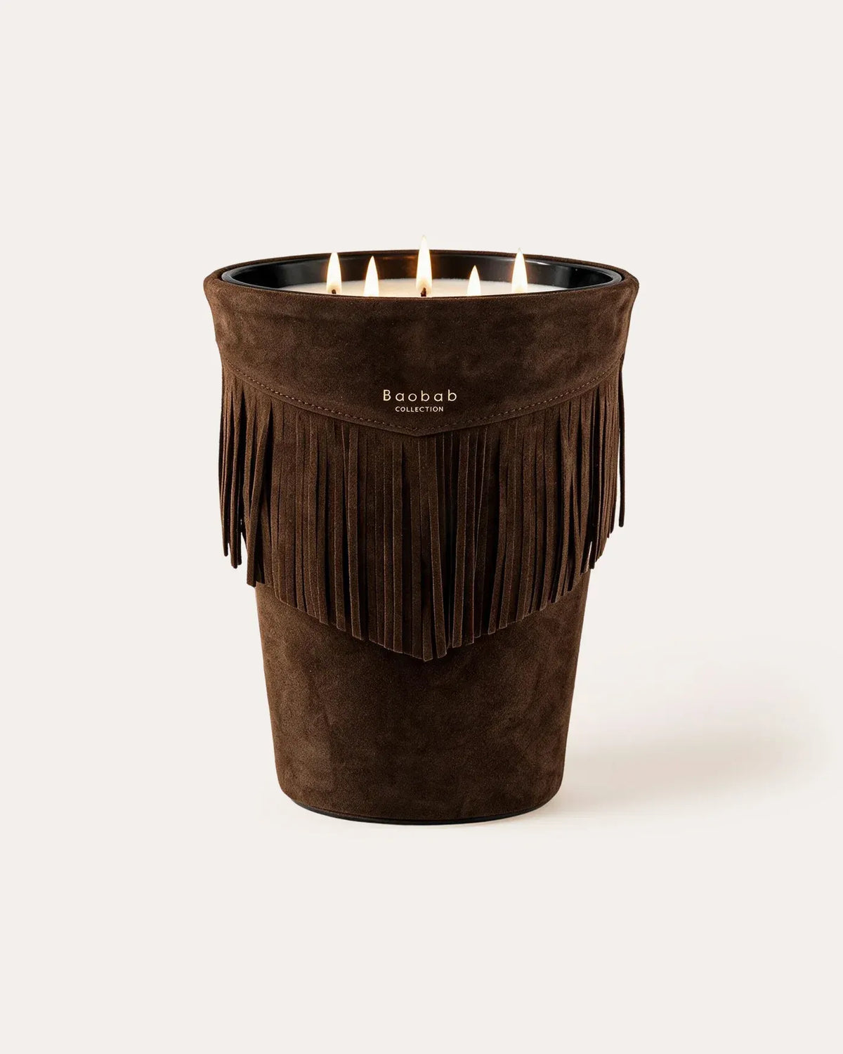 Bougie parfumée Deadwood en cuir brun tabac à franges, format Grande MAX 24, Baobab Collection