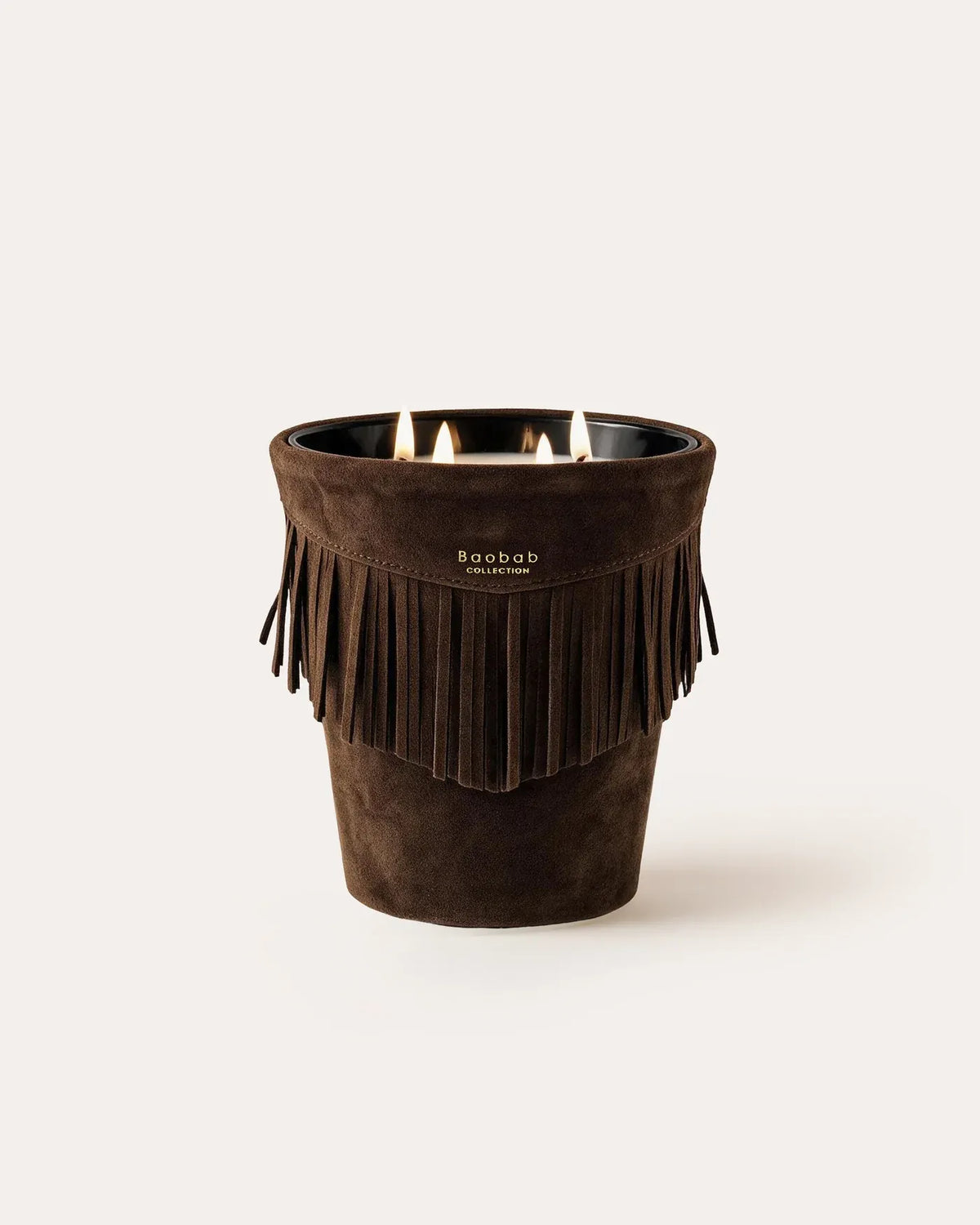 Bougie parfumée Deadwood en cuir brun tabac à franges, format Signature MAX 16, Baobab Collection